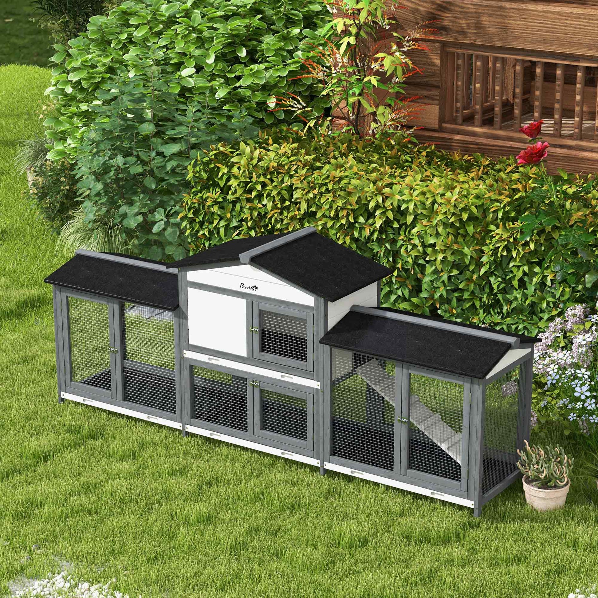 KFX-1342397 Deluxe Wooden Rabbit Hutch with Run and Removable Cleaning Trays for Small Animals, Light Gray, 90.5"