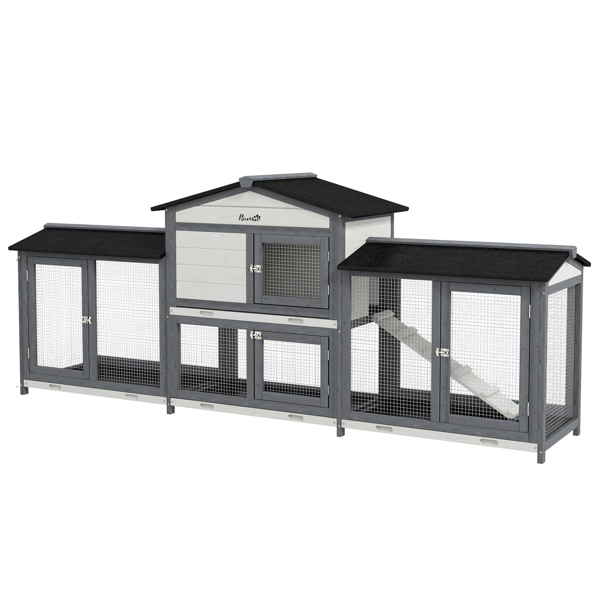 KFX-1342397 Deluxe Wooden Rabbit Hutch with Run and Removable Cleaning Trays for Small Animals, Light Gray, 90.5"