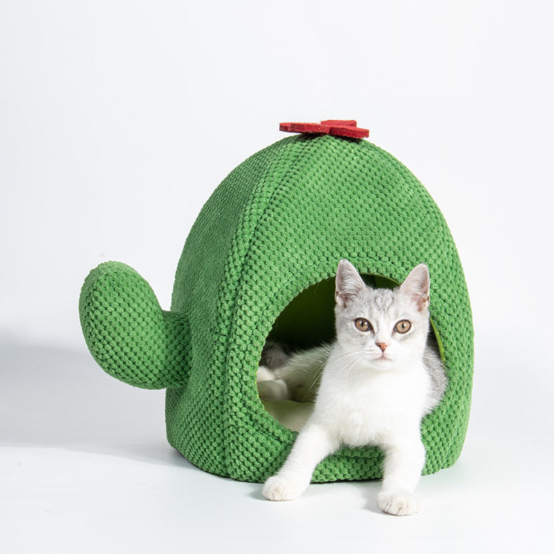KFX-1342781 Cactus-Shaped Closed Cat Litter Nest for Cozy Winter Comfort - Green and Dark Green, Cloth Material, 38x38x45CM