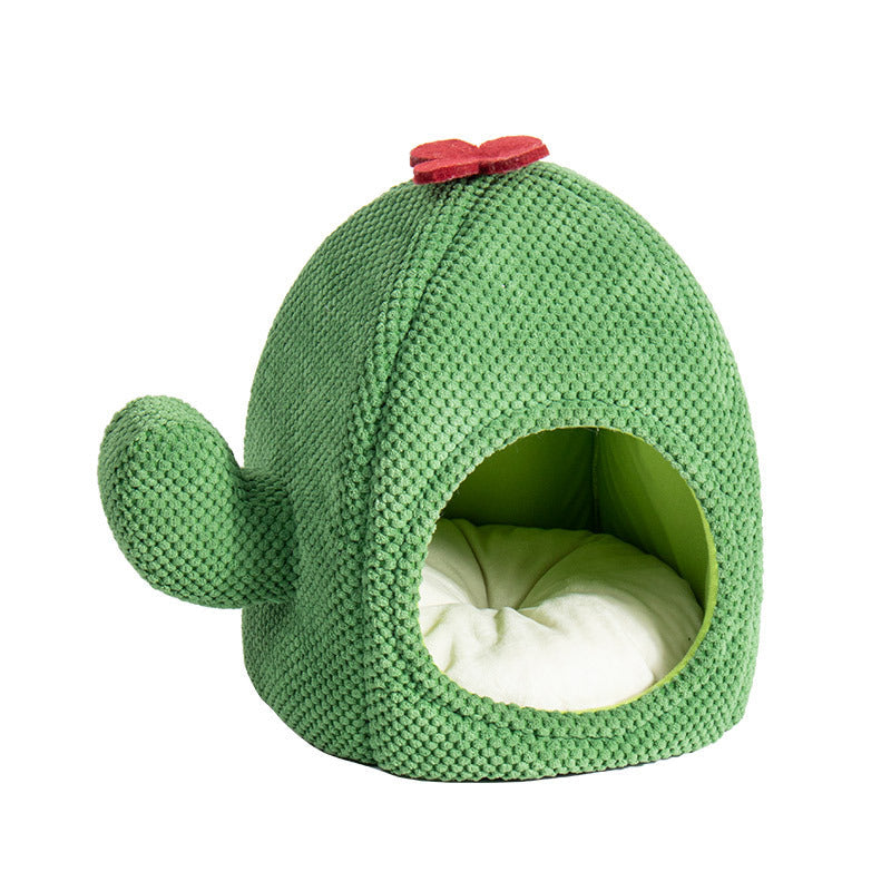 KFX-1342781 Cactus-Shaped Closed Cat Litter Nest for Cozy Winter Comfort - Green and Dark Green, Cloth Material, 38x38x45CM