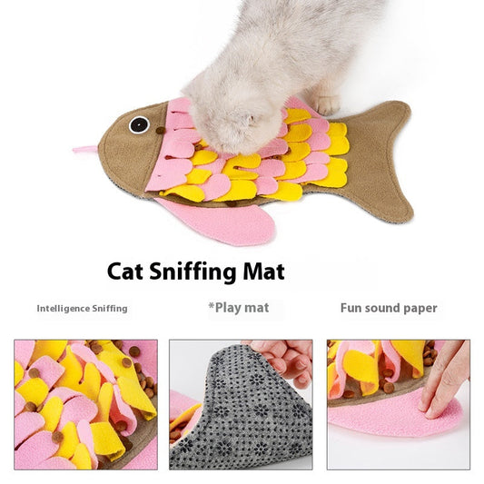 KFX-1344701 Fish-Shaped Pink Fleece Cat Toy Blanket and Training Food Bowl - 36 x 26CM