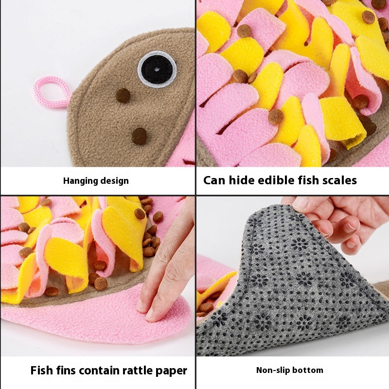 KFX-1344701 Fish-Shaped Pink Fleece Cat Toy Blanket and Training Food Bowl - 36 x 26CM