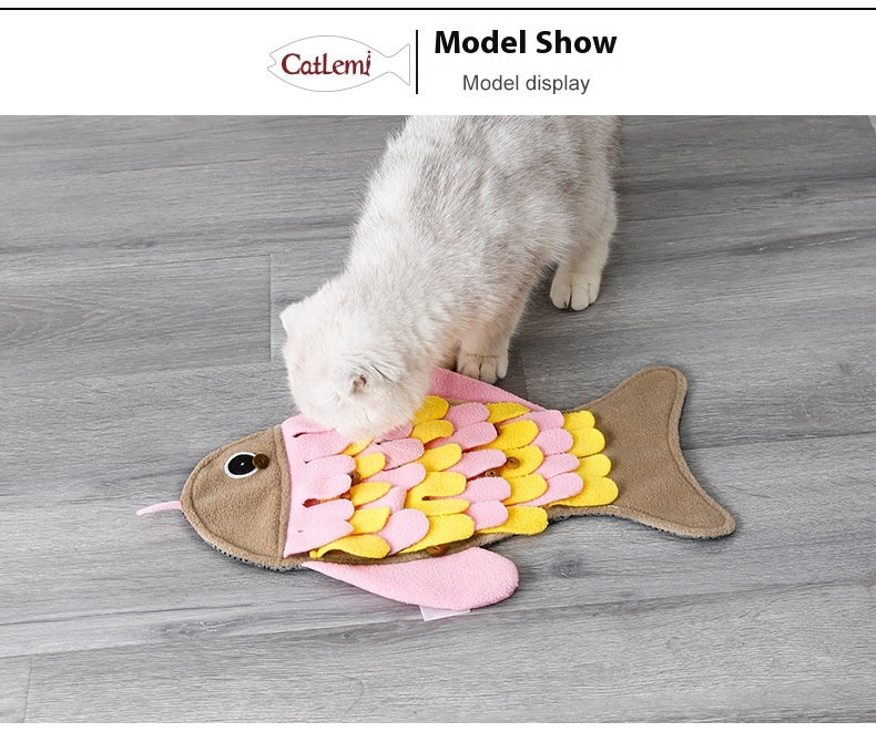 KFX-1344701 Fish-Shaped Pink Fleece Cat Toy Blanket and Training Food Bowl - 36 x 26CM