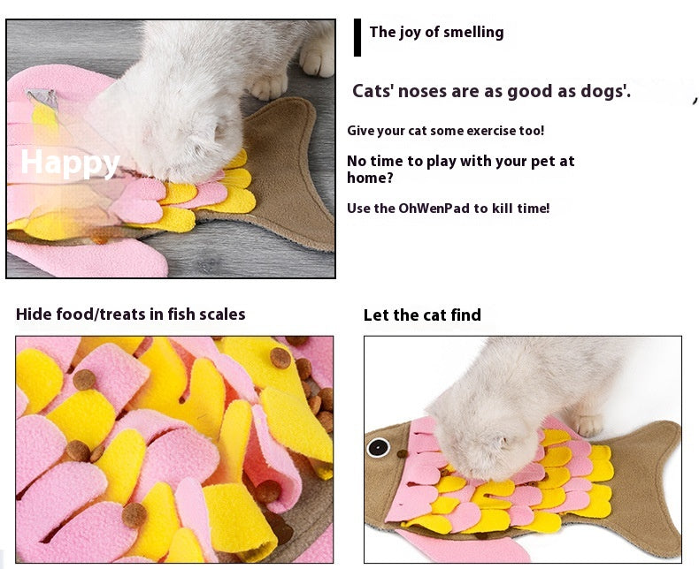 KFX-1344701 Fish-Shaped Pink Fleece Cat Toy Blanket and Training Food Bowl - 36 x 26CM