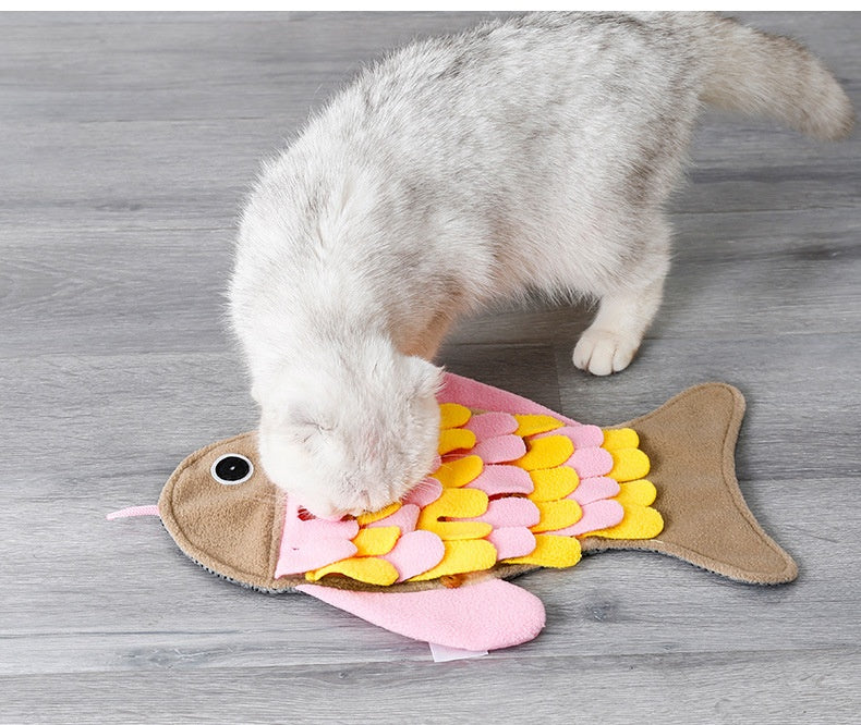 KFX-1344701 Fish-Shaped Pink Fleece Cat Toy Blanket and Training Food Bowl - 36 x 26CM