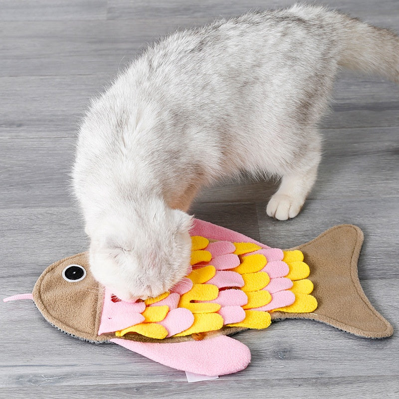 KFX-1344701 Fish-Shaped Pink Fleece Cat Toy Blanket and Training Food Bowl - 36 x 26CM