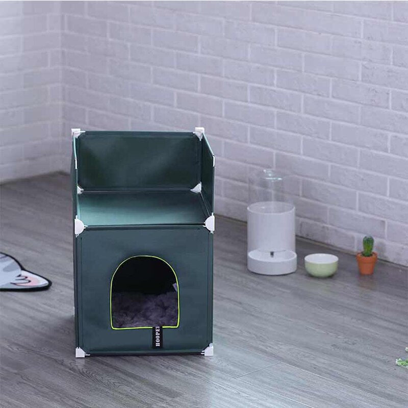 KFX-1348541 Double-Storey Fully Enclosed Cat Nest - Four Seasons Comfort with Polyester & Iron Frame