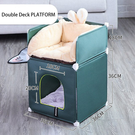 KFX-1348541 Double-Storey Fully Enclosed Cat Nest - Four Seasons Comfort with Polyester & Iron Frame