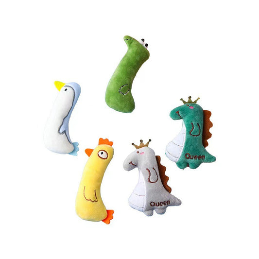 KFX-1353917 Bite-Resistant Catnip Plush Toy - Green Snake, Yellow Cockerel, Gray and Dark Green Dinosaurs, White Penguin