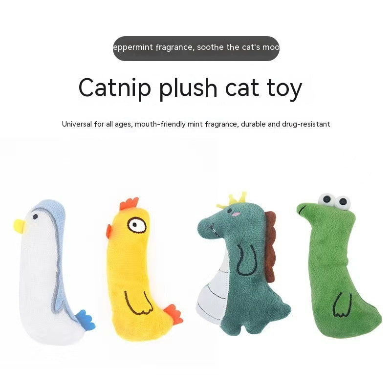 KFX-1353917 Bite-Resistant Catnip Plush Toy - Green Snake, Yellow Cockerel, Gray and Dark Green Dinosaurs, White Penguin