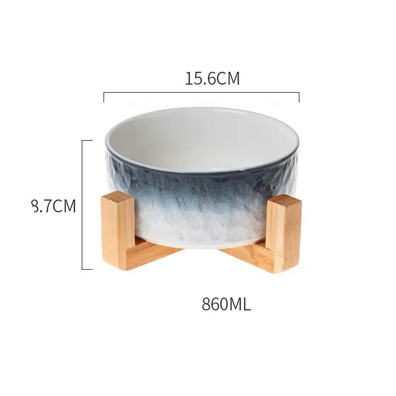 KFX-1354429 Ceramic Pet Bowl with Wooden Anti-Slip Base for Cats and Dogs - 860 ml, Easy to Clean