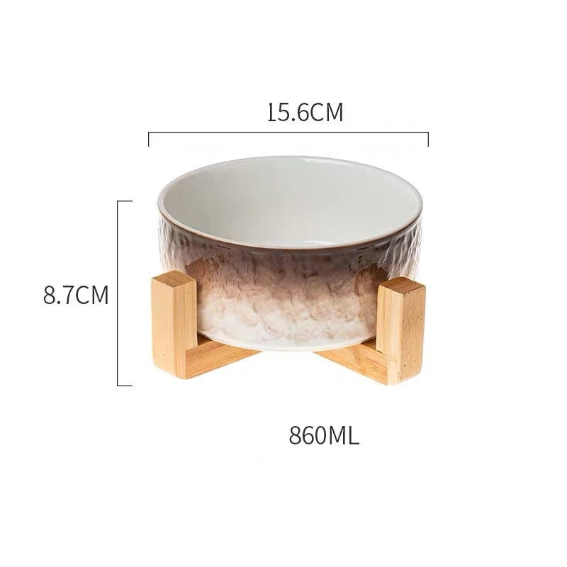 KFX-1354429 Ceramic Pet Bowl with Wooden Anti-Slip Base for Cats and Dogs - 860 ml, Easy to Clean