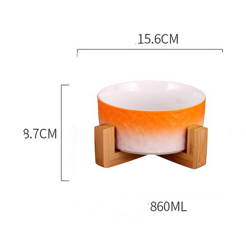 KFX-1354429 Ceramic Pet Bowl with Wooden Anti-Slip Base for Cats and Dogs - 860 ml, Easy to Clean