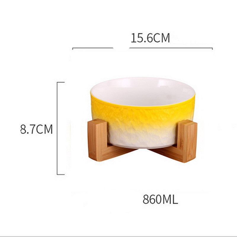 KFX-1354429 Ceramic Pet Bowl with Wooden Anti-Slip Base for Cats and Dogs - 860 ml, Easy to Clean