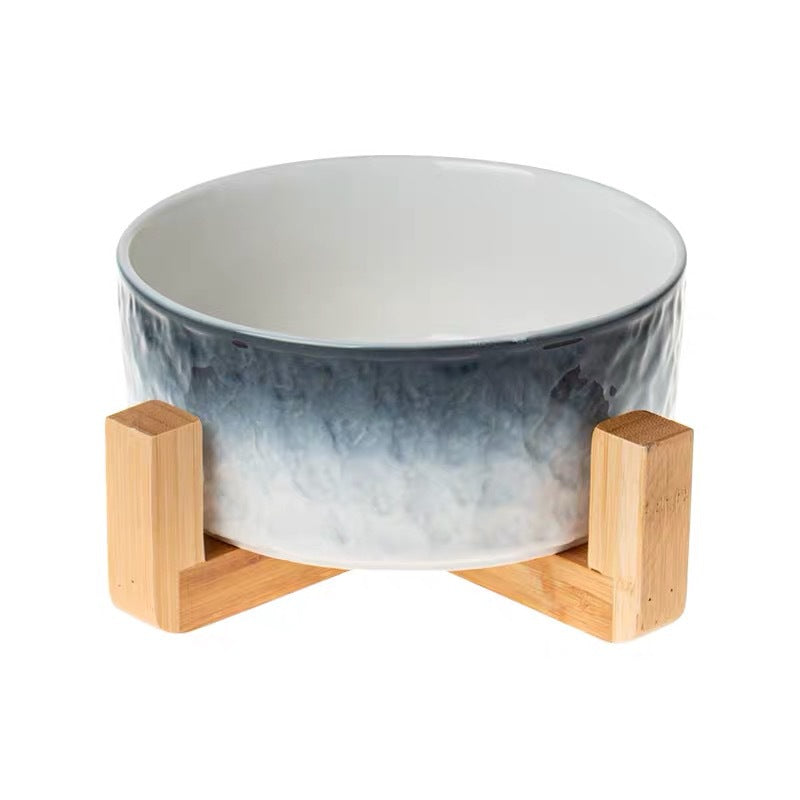 KFX-1354429 Ceramic Pet Bowl with Wooden Anti-Slip Base for Cats and Dogs - 860 ml, Easy to Clean