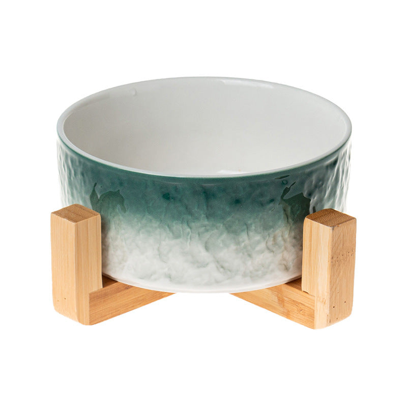 KFX-1354429 Ceramic Pet Bowl with Wooden Anti-Slip Base for Cats and Dogs - 860 ml, Easy to Clean
