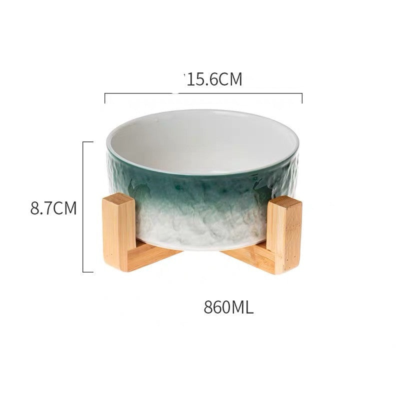 KFX-1354429 Ceramic Pet Bowl with Wooden Anti-Slip Base for Cats and Dogs - 860 ml, Easy to Clean