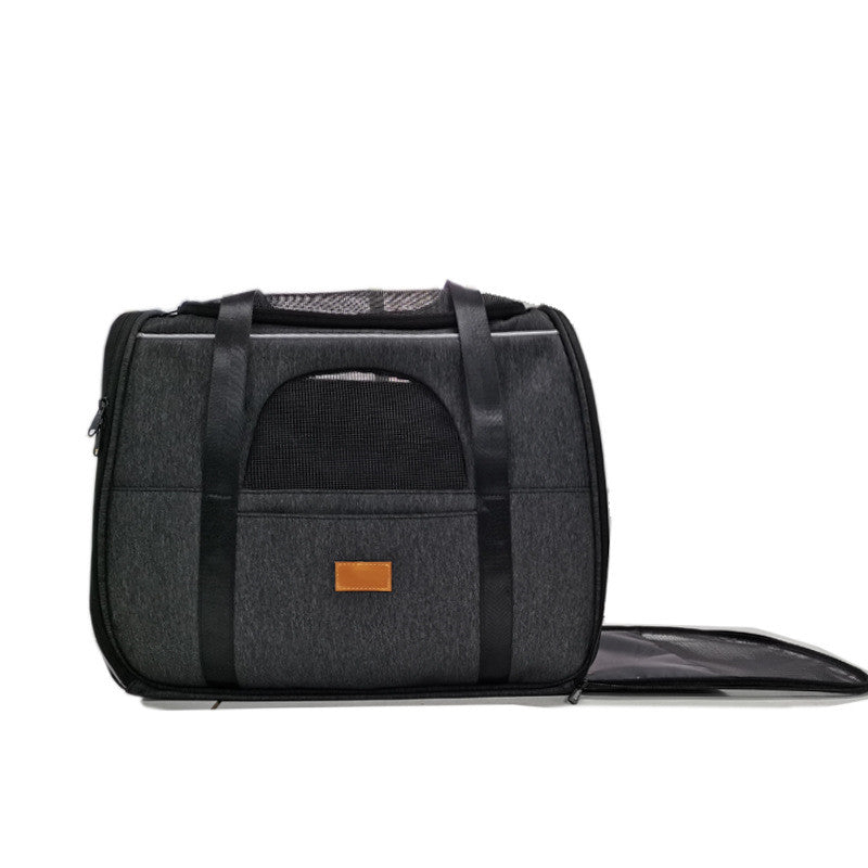 KFX-1356477 Portable Folding Pet Carrier for Cats and Dogs - Breathable Cloth Design, Medium Hardness, Black Gray Color