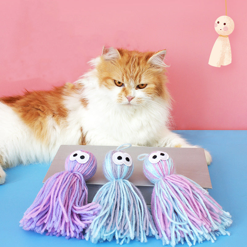 KFX-1357501 Bite Resistant Wool Ball Cat Toy with Hanging Feature for Interactive Play and Dental Care