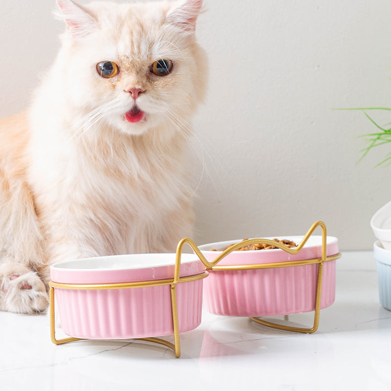 KFX-1360189 Sky Blue, Gorgeous Pink, Elegant White Ceramic Double or Single Bowl Pet Water Feeder with Bracket