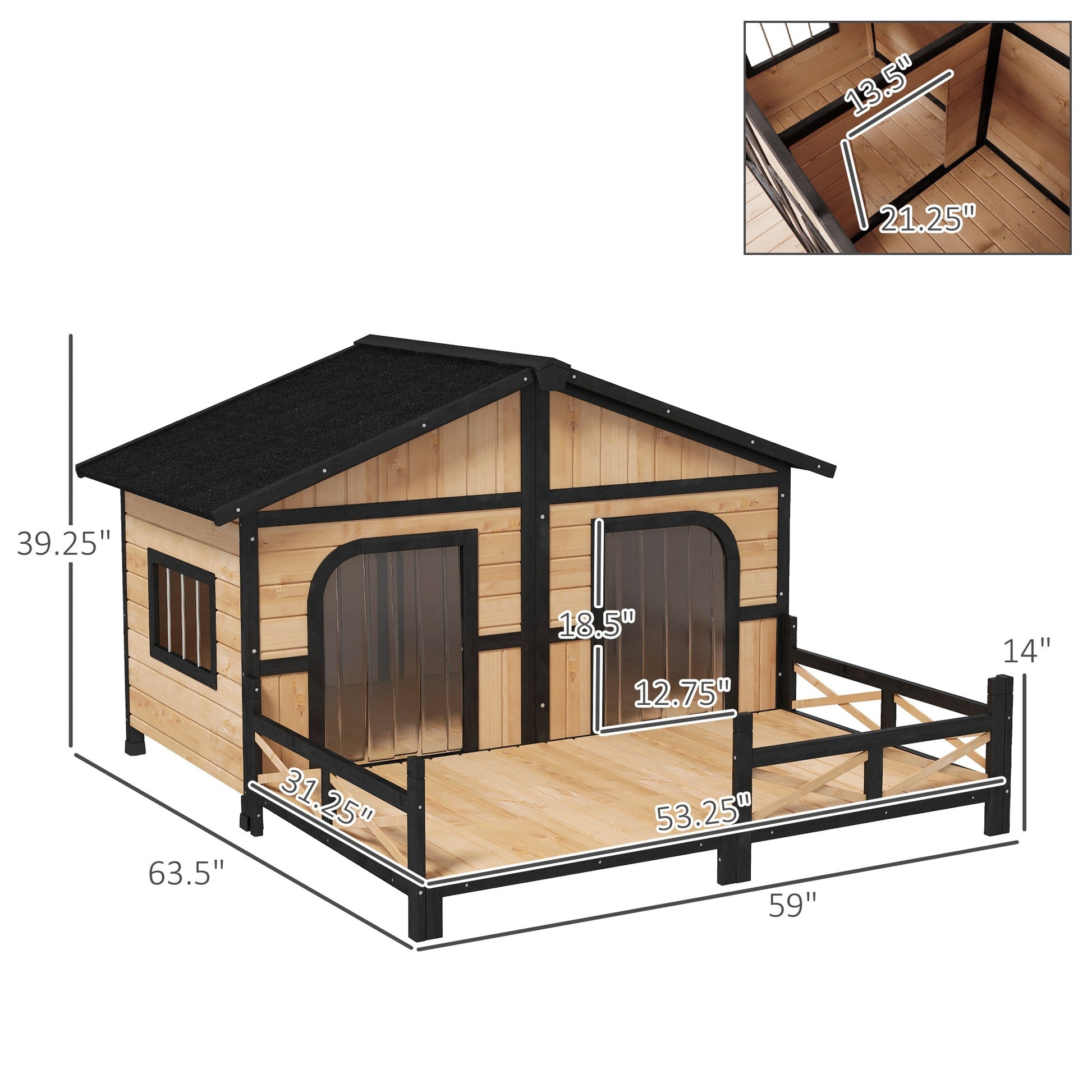 KFX-1363645 Large Wooden Dog House - Weatherproof Rustic Log Cabin Style Elevated Pet Shelter with Porch Deck, 59x64x39 Inches