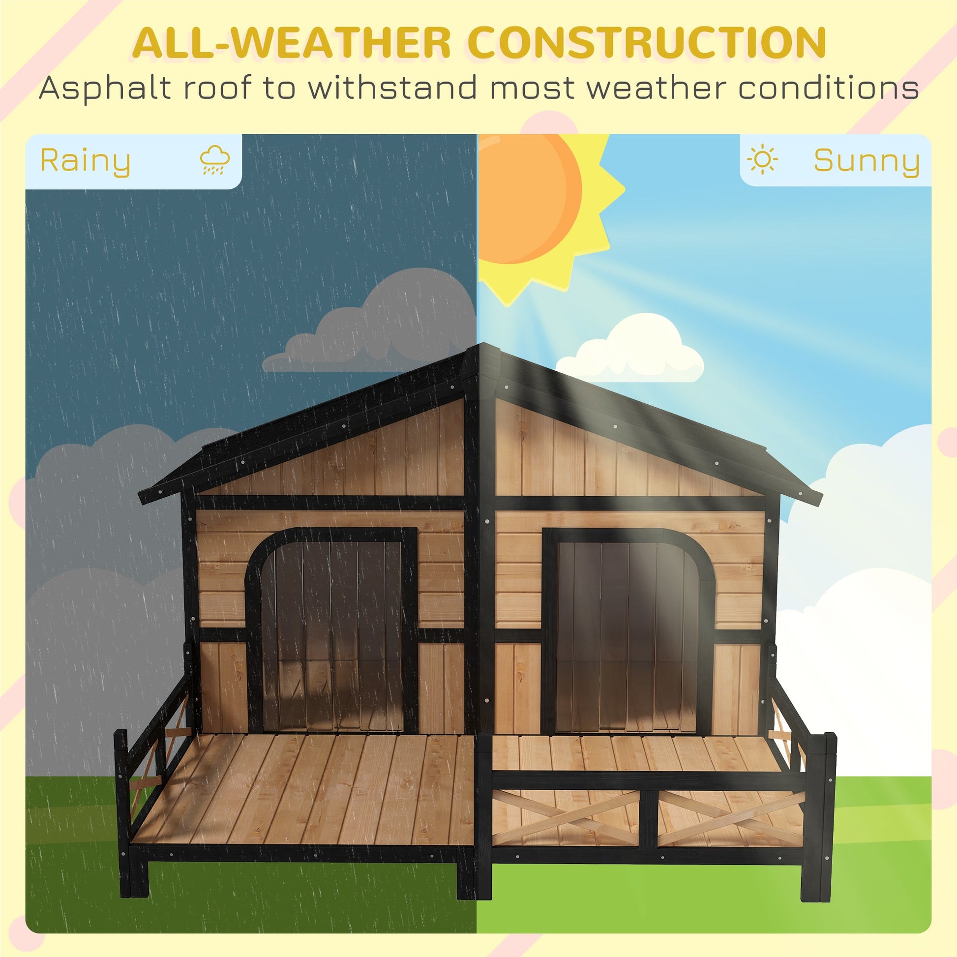 KFX-1363645 Large Wooden Dog House - Weatherproof Rustic Log Cabin Style Elevated Pet Shelter with Porch Deck, 59x64x39 Inches