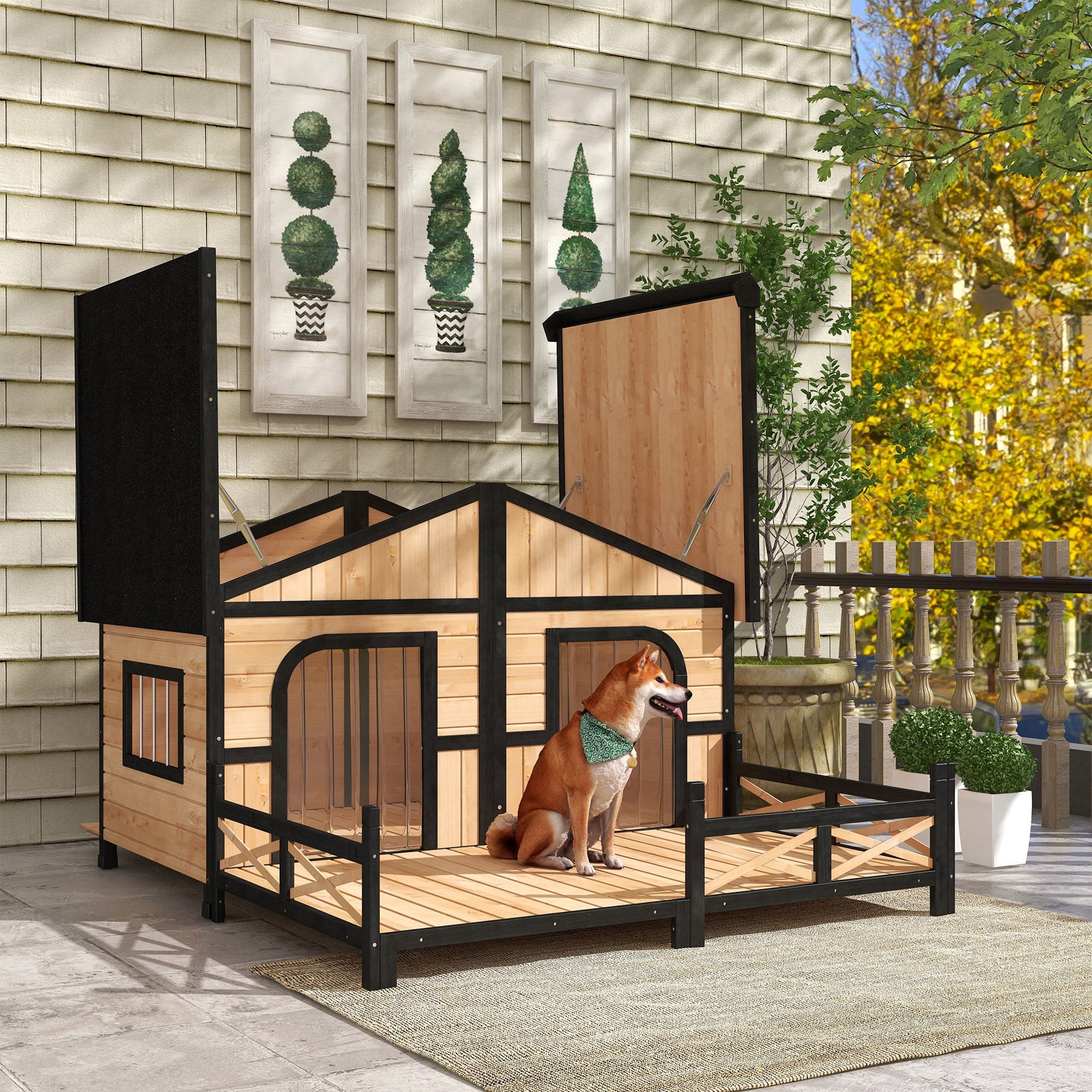 KFX-1363645 Large Wooden Dog House - Weatherproof Rustic Log Cabin Style Elevated Pet Shelter with Porch Deck, 59x64x39 Inches