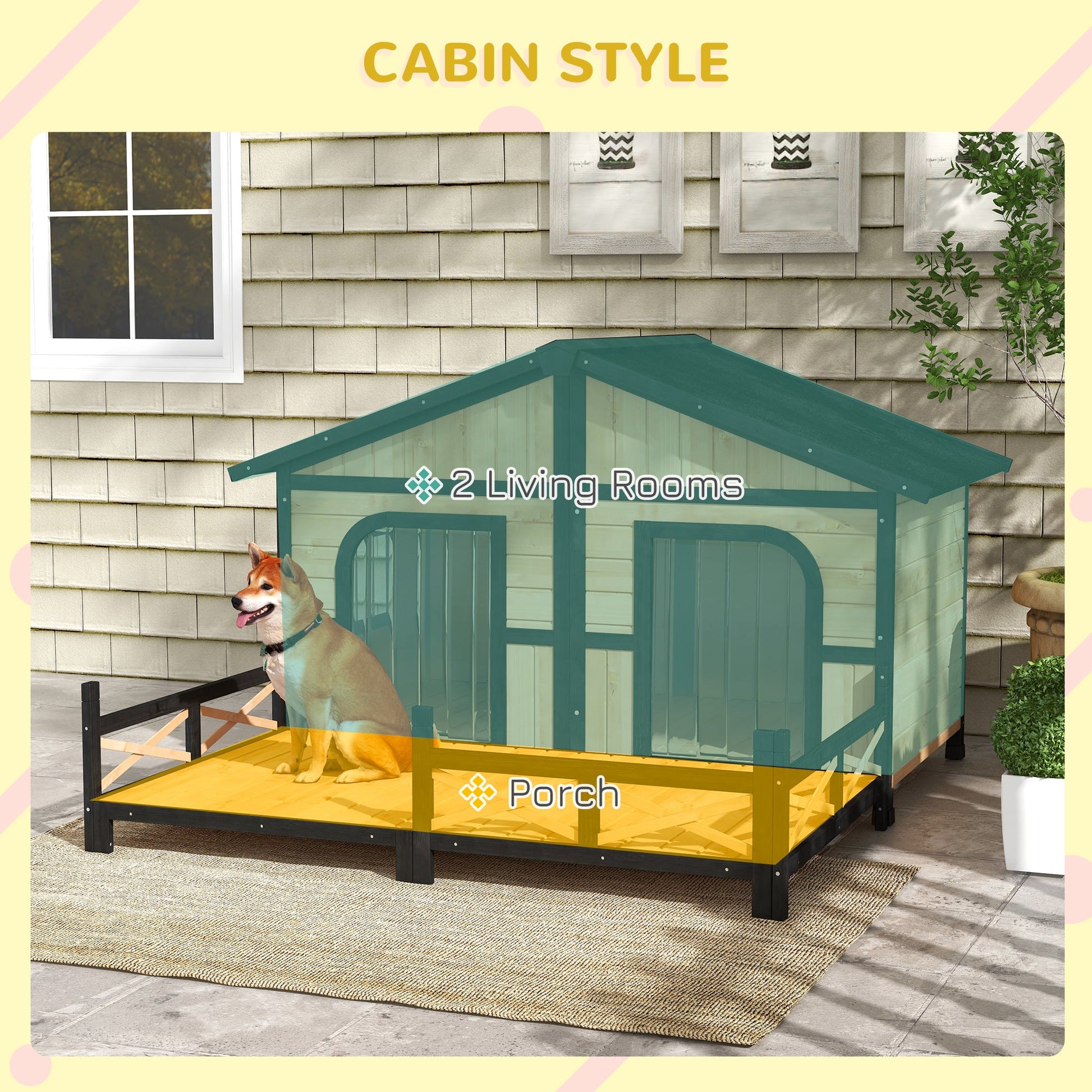KFX-1363645 Large Wooden Dog House - Weatherproof Rustic Log Cabin Style Elevated Pet Shelter with Porch Deck, 59x64x39 Inches