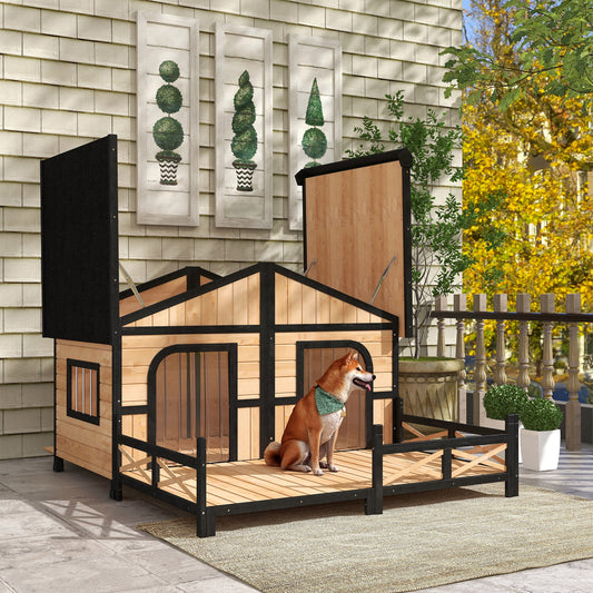 KFX-1363645 Large Wooden Dog House - Weatherproof Rustic Log Cabin Style Elevated Pet Shelter with Porch Deck, 59x64x39 Inches