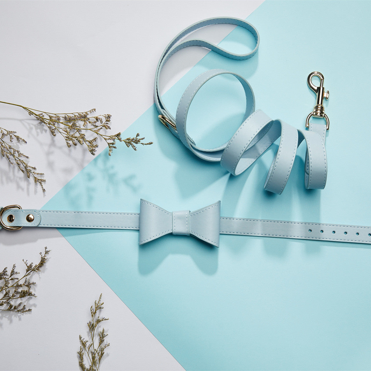 KFX-1365053 Cute Bow Collar and Leash Set for Pets - Fashionable Cotton Design in Blue and Pink