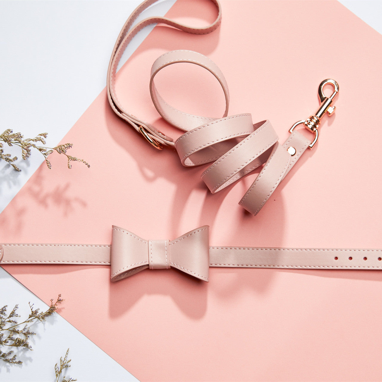 KFX-1365053 Cute Bow Collar and Leash Set for Pets - Fashionable Cotton Design in Blue and Pink