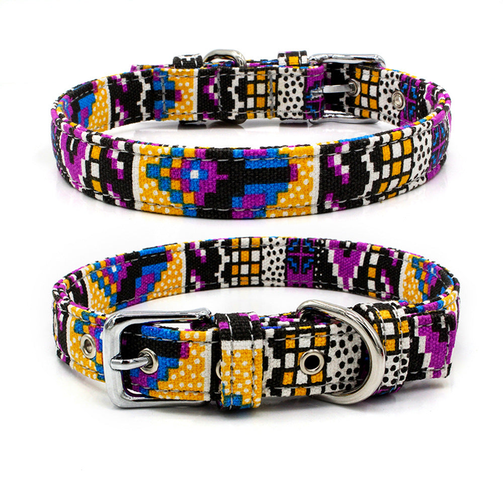 KFX-1365565 Colorful Double Layer Canvas Dog Collar with Traction Leash - Durable and Reflective