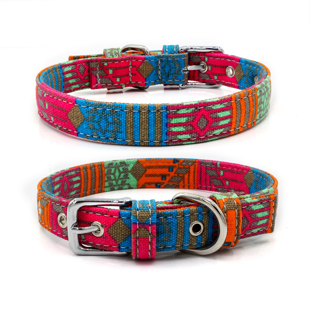 KFX-1365565 Colorful Double Layer Canvas Dog Collar with Traction Leash - Durable and Reflective