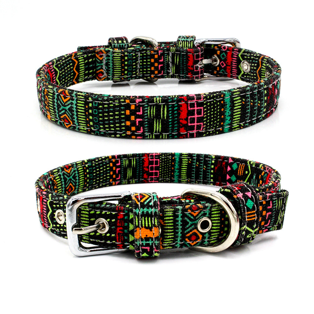 KFX-1365565 Colorful Double Layer Canvas Dog Collar with Traction Leash - Durable and Reflective