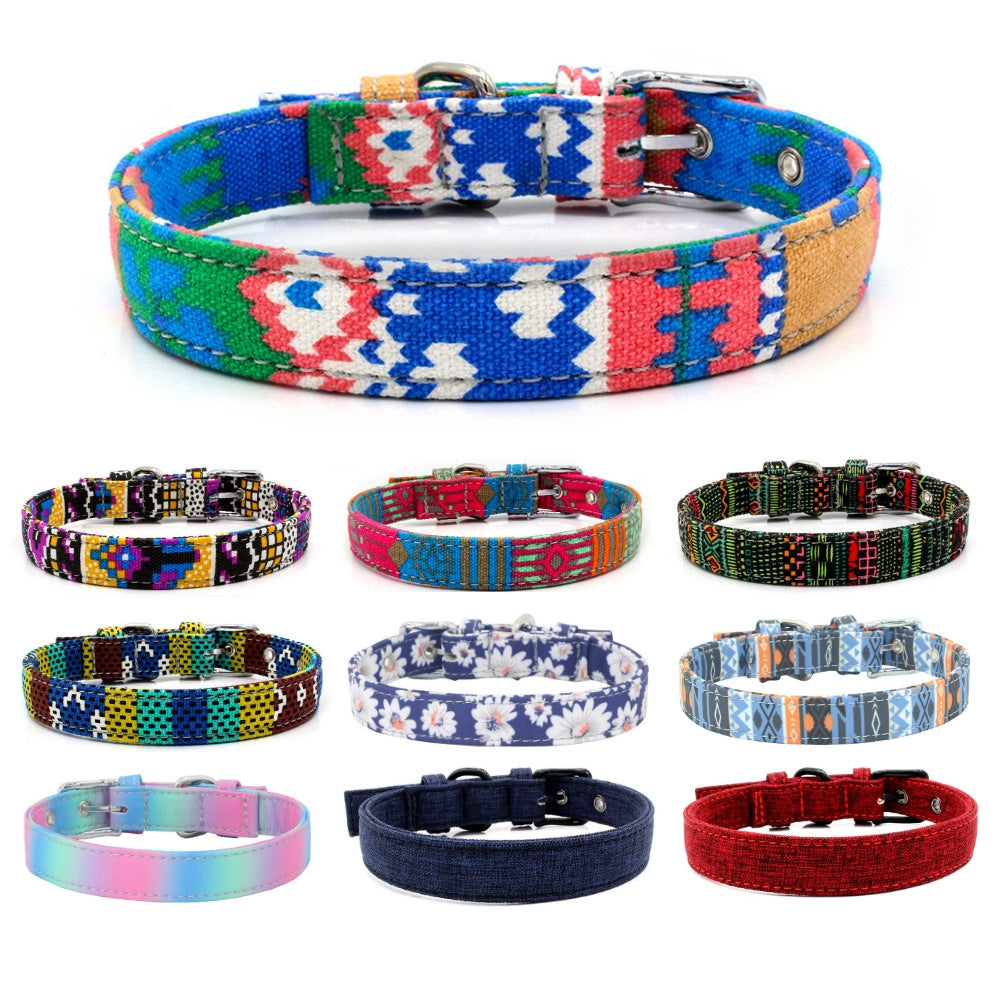 KFX-1365565 Colorful Double Layer Canvas Dog Collar with Traction Leash - Durable and Reflective