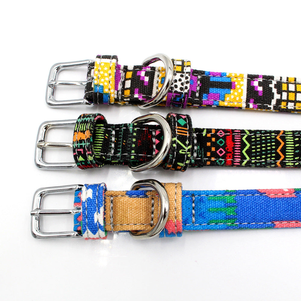 KFX-1365565 Colorful Double Layer Canvas Dog Collar with Traction Leash - Durable and Reflective