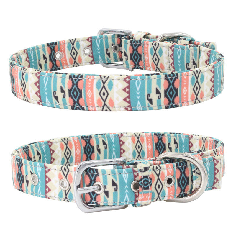 KFX-1365565 Colorful Double Layer Canvas Dog Collar with Traction Leash - Durable and Reflective