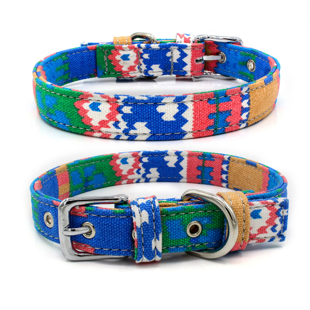KFX-1365565 Colorful Double Layer Canvas Dog Collar with Traction Leash - Durable and Reflective