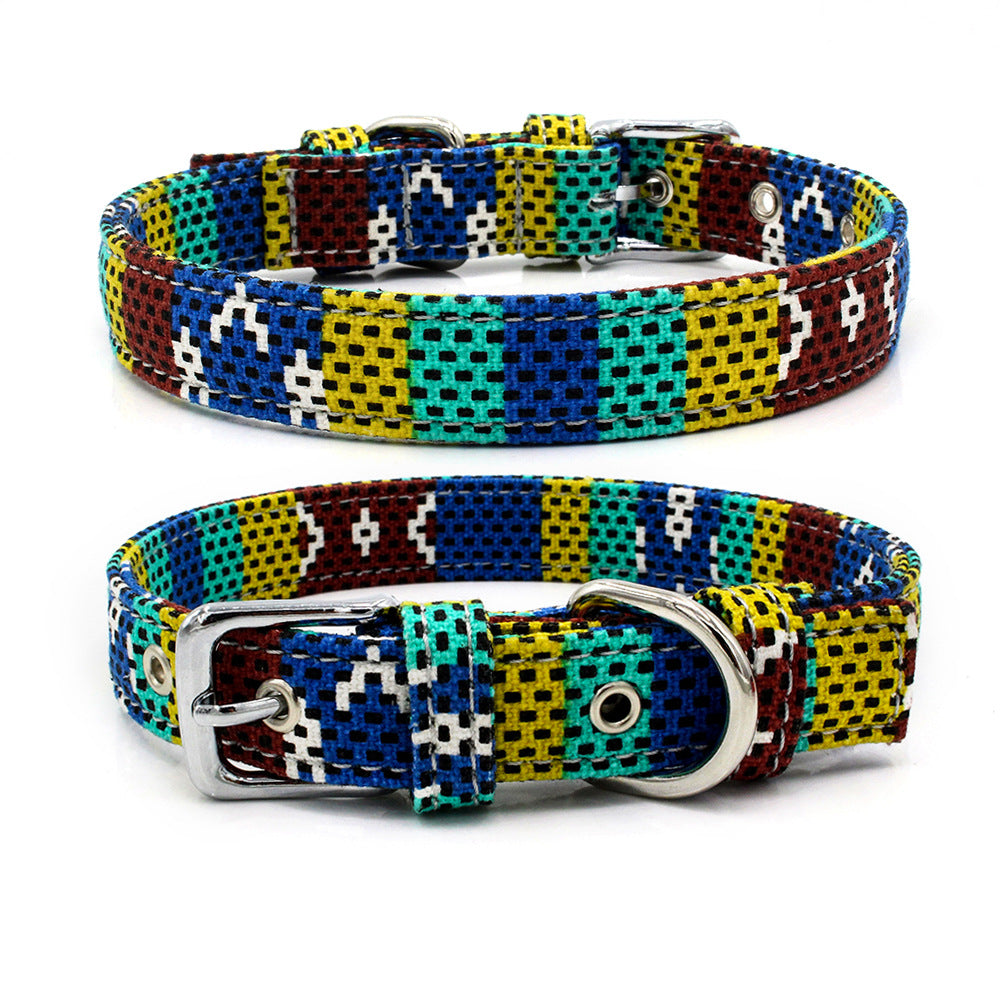KFX-1365565 Colorful Double Layer Canvas Dog Collar with Traction Leash - Durable and Reflective