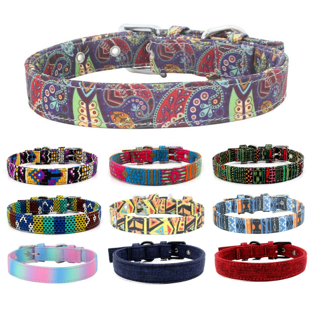 KFX-1365565 Colorful Double Layer Canvas Dog Collar with Traction Leash - Durable and Reflective