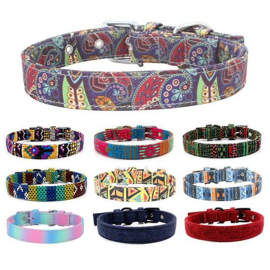 KFX-1365565 Colorful Double Layer Canvas Dog Collar with Traction Leash - Durable and Reflective