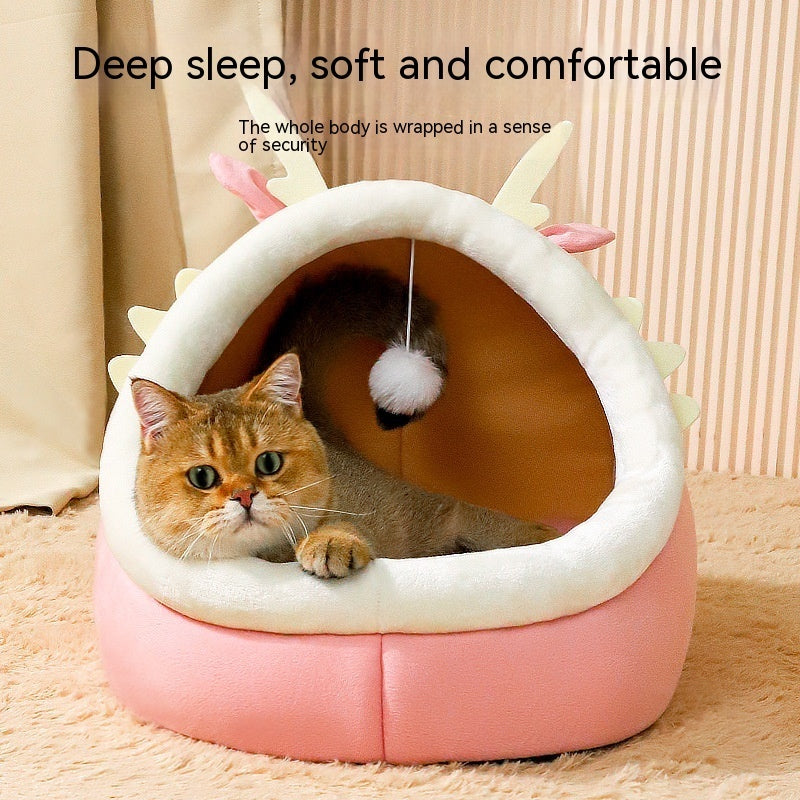 KFX-1365821 Cozy Semi-Enclosed Cat Nest for Winter Warmth - Available in Pink, Gray, and Green
