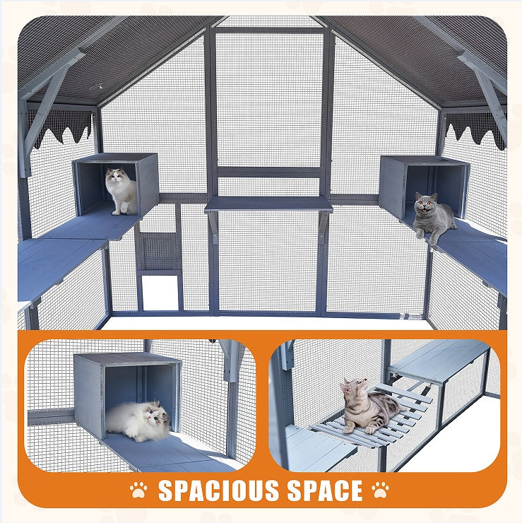 KFX-1367357 Large Outdoor Cat House and Cat Fence with Upgraded Waterproof Cover - Gray