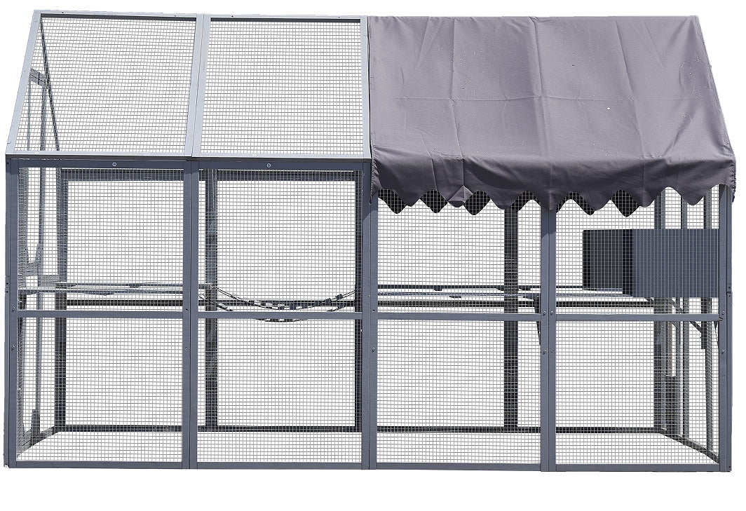 KFX-1367357 Large Outdoor Cat House and Cat Fence with Upgraded Waterproof Cover - Gray