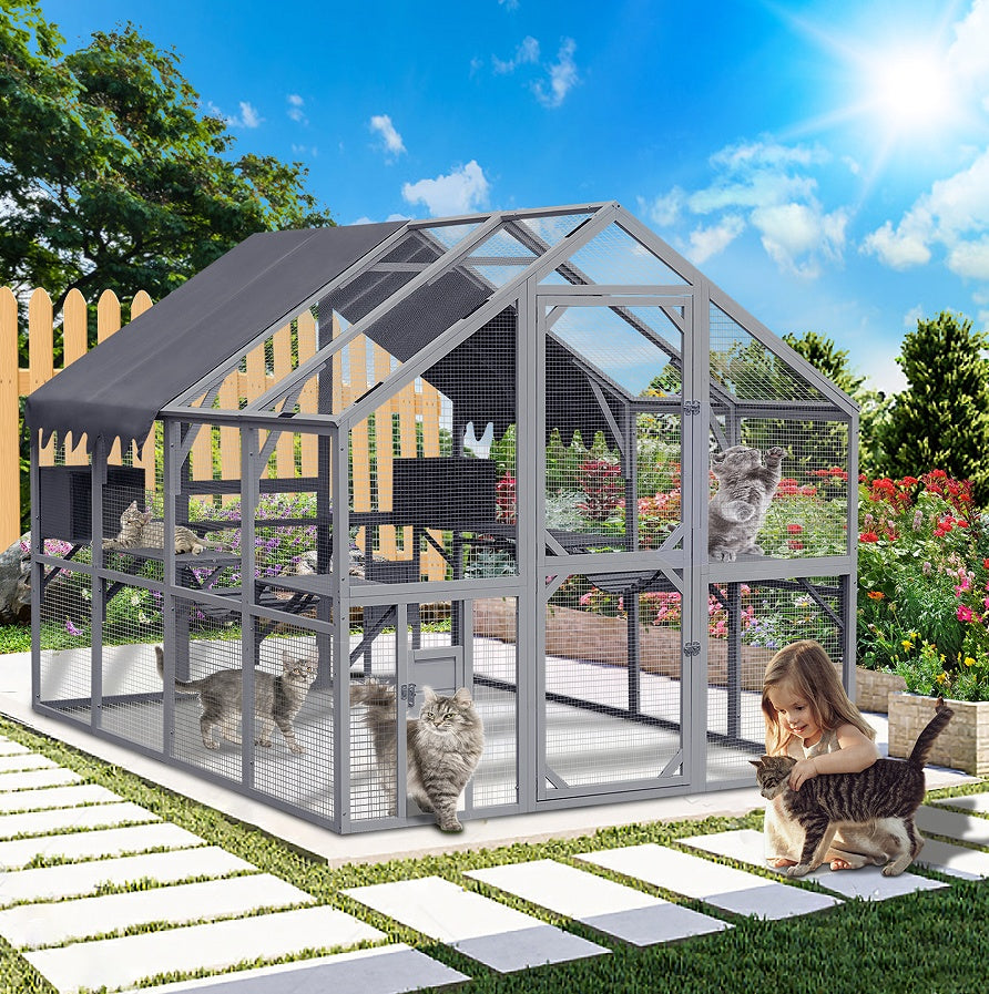 KFX-1367357 Large Outdoor Cat House and Cat Fence with Upgraded Waterproof Cover - Gray