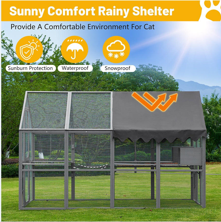 KFX-1367357 Large Outdoor Cat House and Cat Fence with Upgraded Waterproof Cover - Gray