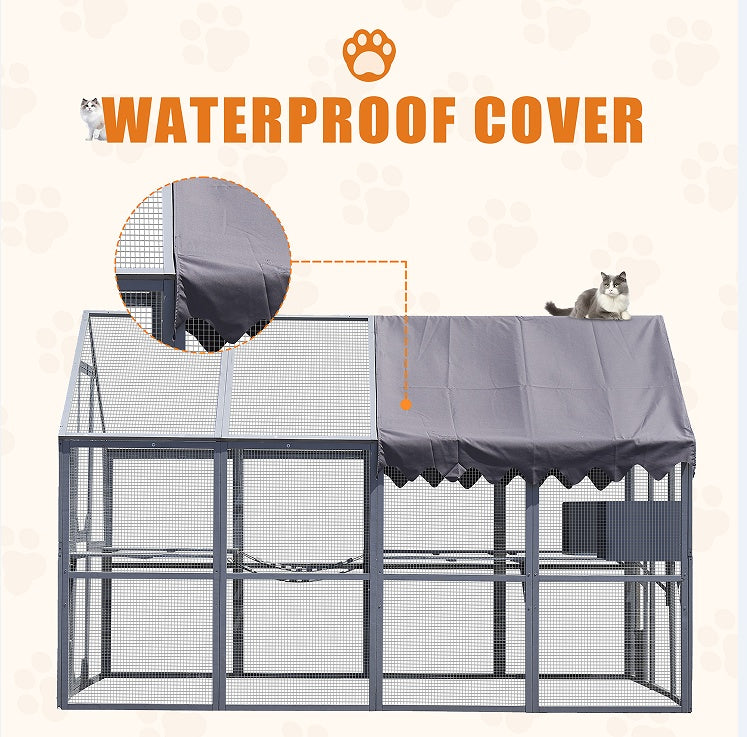 KFX-1367357 Large Outdoor Cat House and Cat Fence with Upgraded Waterproof Cover - Gray