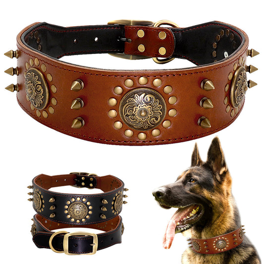 KFX-1367741 Durable Brown Leather Studded Dog Collar for Medium to Large Breeds