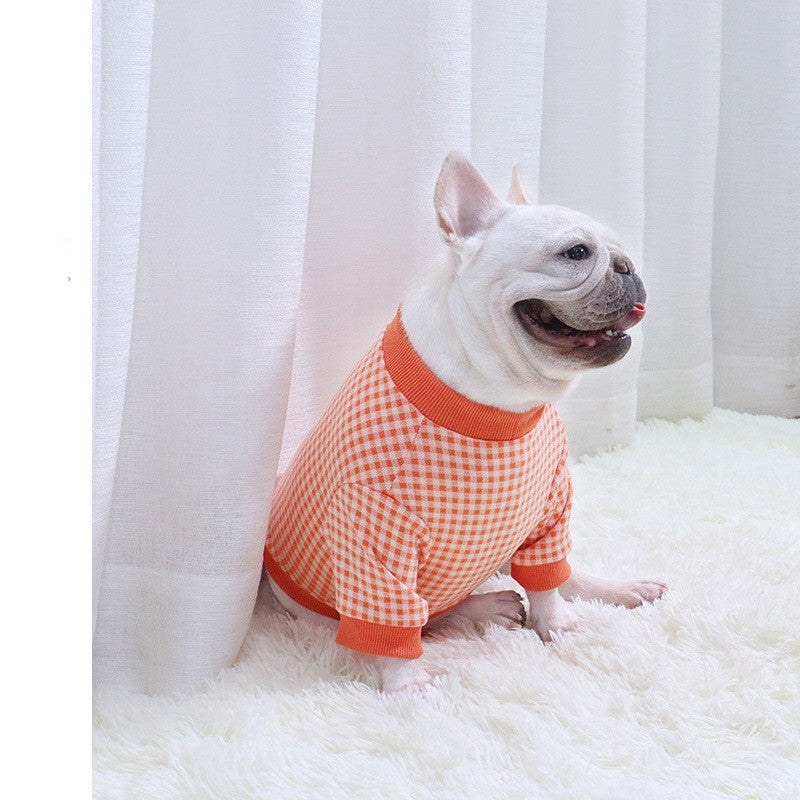 KFX-1370813 Plaid Plus Velvet Dog Sweater for Autumn and Winter in Orange, Gray, and Green