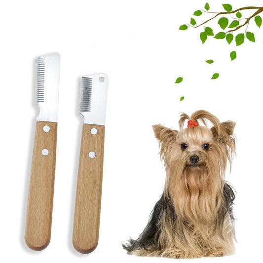 KFX-1372989 Dual-Sided Pet Stripping Comb for Dogs and Cats with Wooden Handle - Effective Grooming Tool for Long Hair Removal